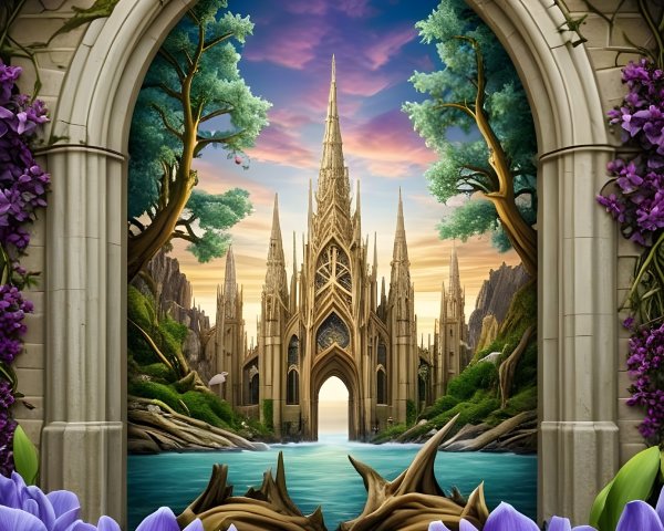 Gothic Castle by Water with Sunset and Flowers