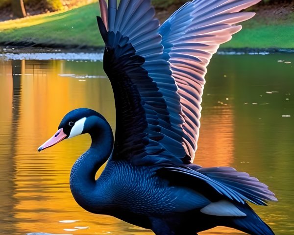 Black Swan in Tranquil Waters with Autumn Foliage