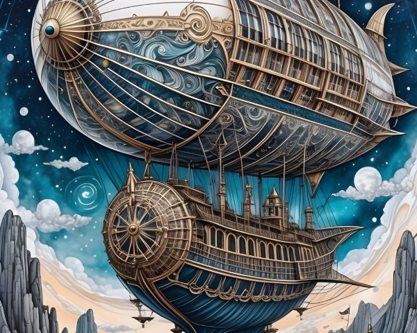 Detailed Steampunk Airship in Cosmic Sky Setting