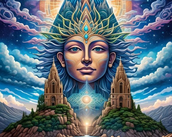 Celestial Being in Dreamlike Cosmic Landscape Painting