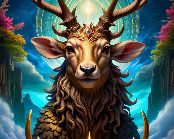 Majestic stag with crown in mystical landscape