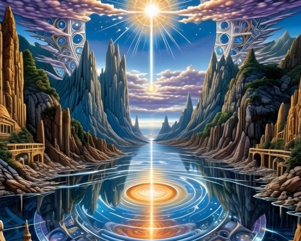 Cosmic Landscape with Rock Formations and Lake