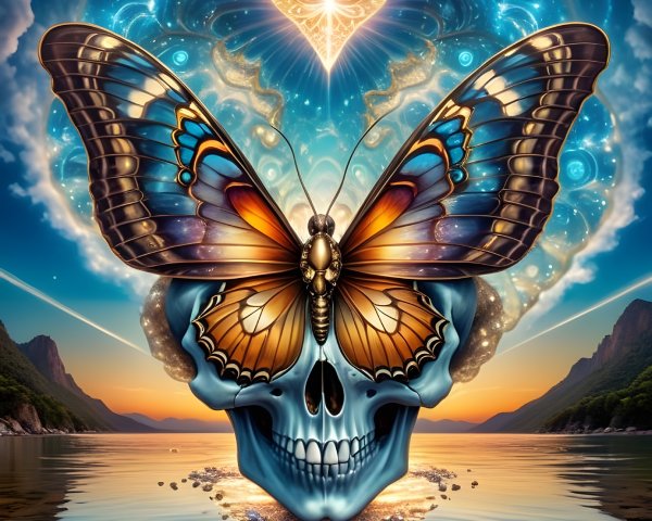 Surreal Scene with Skull, Butterfly, and Twilight Lake