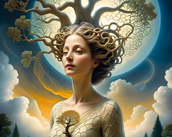 Serene Woman with Tree-Like Hair in Dreamy Landscape