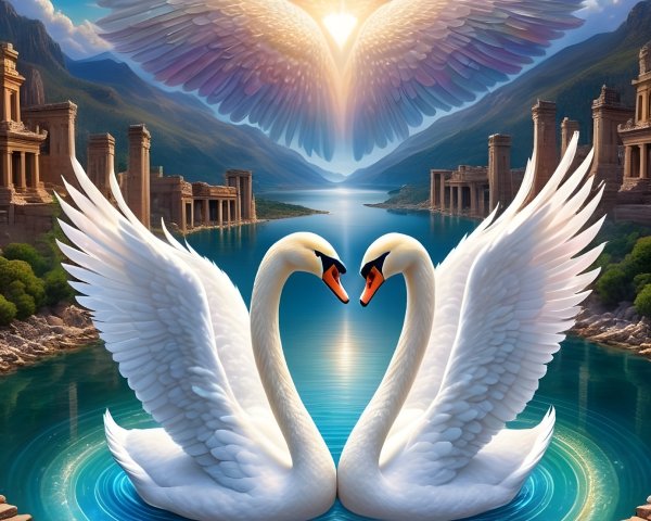 Swans Forming Heart Shape on Tranquil Lake Scene