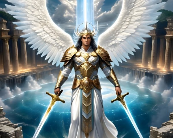 Majestic figure with wings and swords in celestial landscape