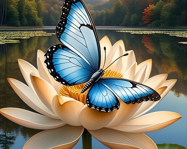 Blue Butterfly on Lotus Flower in Serene Landscape