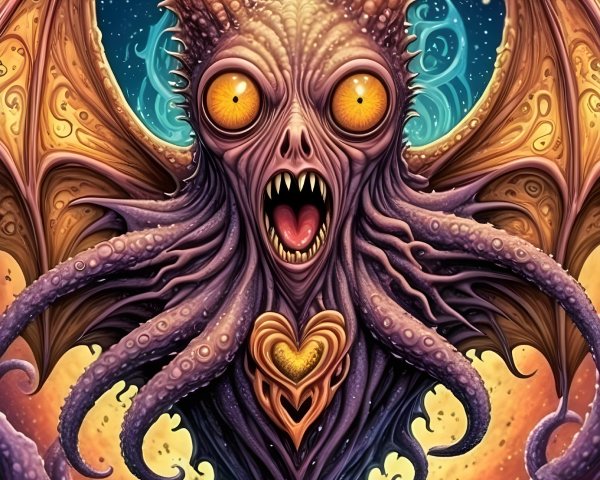 Grotesque Creature with Tentacles and Ornate Wings