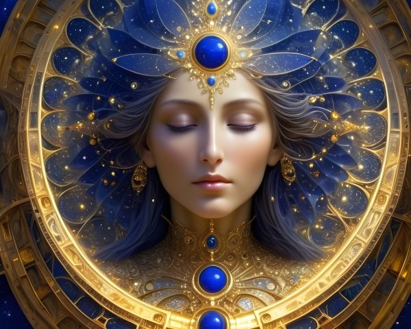 Ethereal Female Figure with Golden Jewelry and Stars