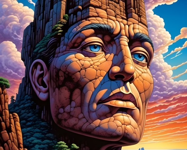 Digital Painting of Rocky Male Head in Mountain Landscape