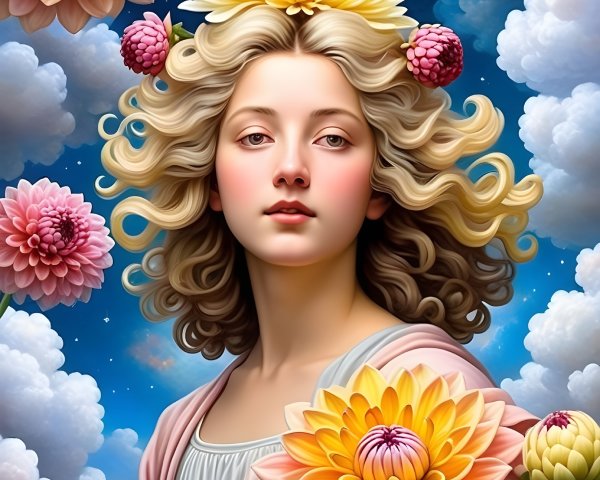 Serene Young Woman with Flowers and Blooming Dahlias