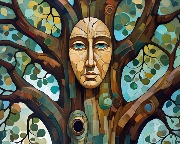 Stylized Tree Artwork with Human Face and Vibrant Colors