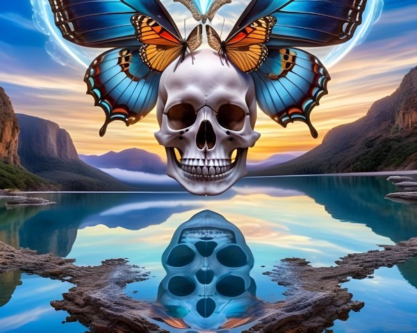 Surreal Scene with Skull and Vibrant Butterflies