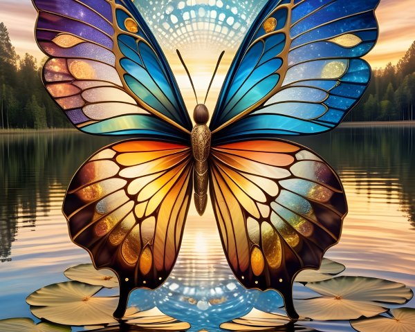 Vibrant Butterfly Above Serene Lake at Sunset