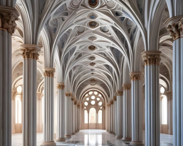 Ornate Gothic Hall with Vaulted Ceiling and Columns