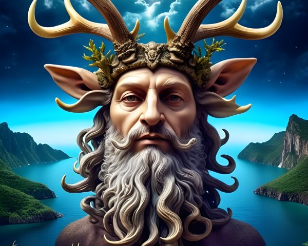 Ancient deity with antler crown in vibrant landscape
