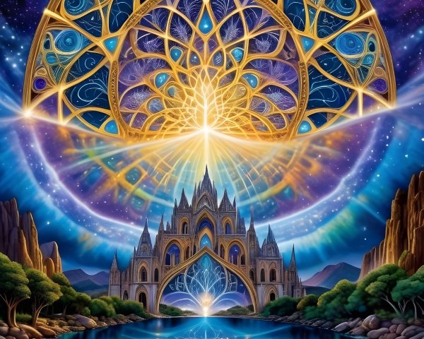 Cosmic Landscape with Majestic Castle and Lake Reflection