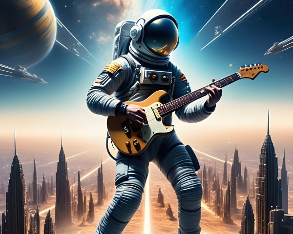 Astronaut Playing Guitar on Futuristic Cosmic Platform