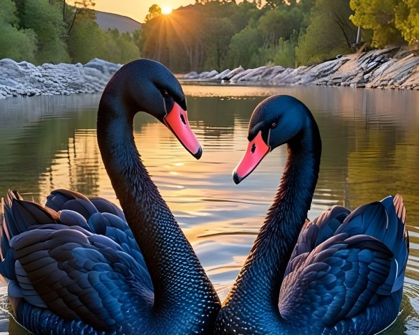 Black Swans Gliding on Serene Sunrise Water Scene