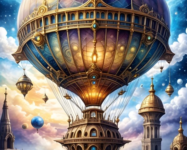 Intricate Steampunk Hot Air Balloon in Fantasy Landscape