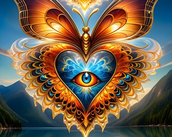Surreal Butterfly with Heart-Shaped Wings and Cosmic Eye