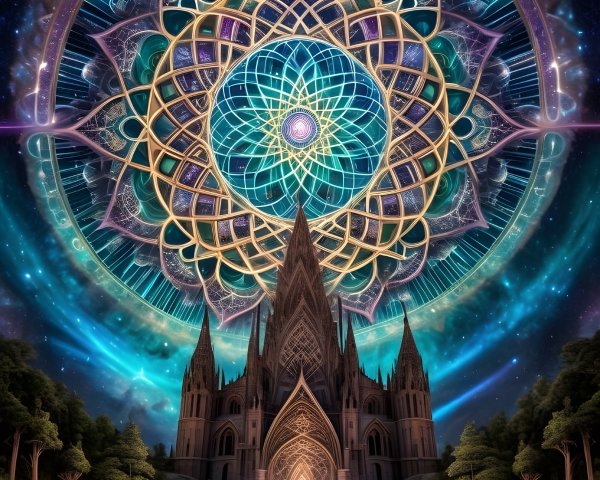 Majestic Cathedral Under Vibrant Cosmic Sky