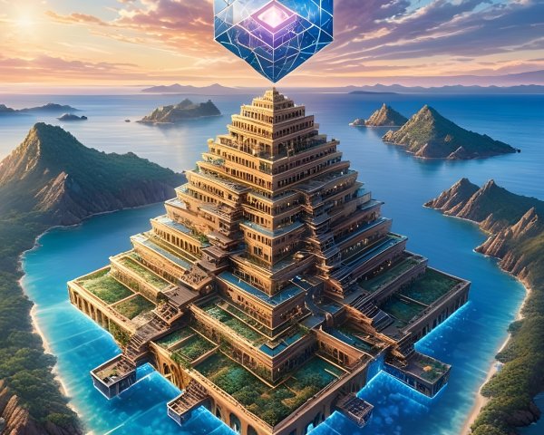 Futuristic landscape with pyramid and glowing cube
