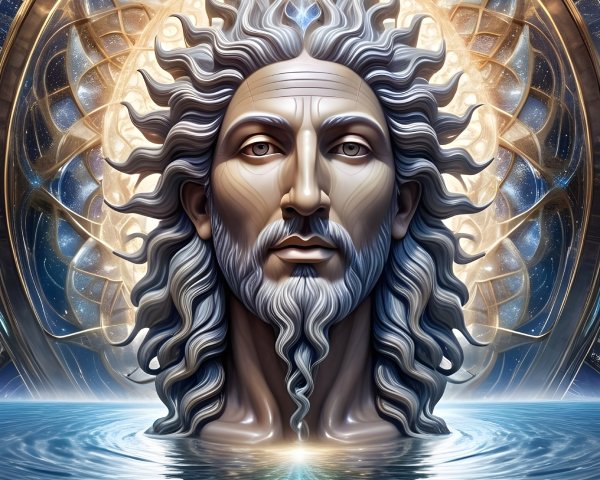 Masculine figure with grey hair in blue water scene