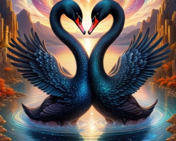 Black Swans Form Heart Shape in Serene Lake Scene