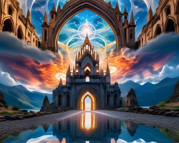 Majestic Fantasy Landscape with Intricate Castle and Sunset