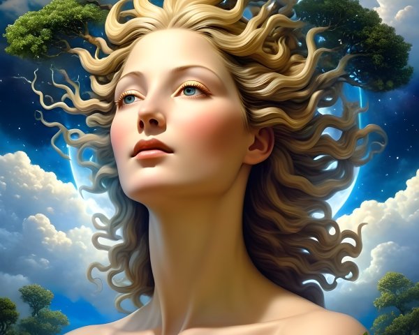 Serene Woman Surrounded by Nature and Vibrant Sky