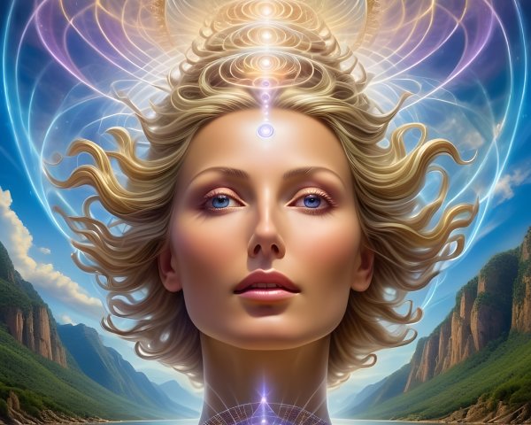 Woman with Blue Eyes and Radiant Energy in Nature