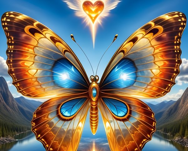 Vibrant Butterfly Over Tranquil Lake and Mountains