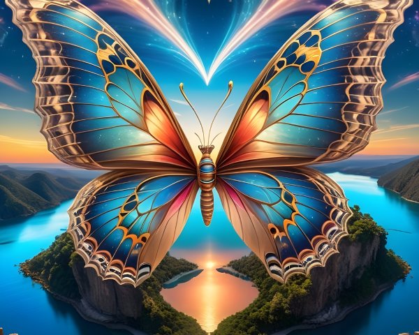 Butterfly with Blue and Gold Patterns Over Landscape