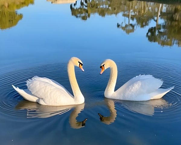 Elegant Swans on a Serene Pond with Classical Building