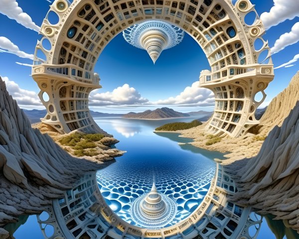 Surreal Landscape with Ornate Archway and Reflection