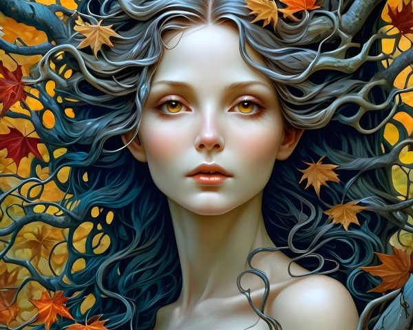 Mystical Woman Intertwined with Autumn Tree Branches