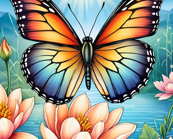 Butterfly Over Pond with Water Lilies and Mountains