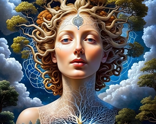 Surreal Art of Woman with Hair as Tree Branches