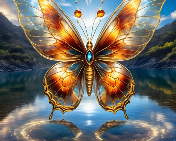 Golden Butterfly Over Serene Reflective Water Scene