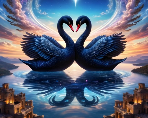 Black Swans Form Heart Shape on Serene Lake at Twilight
