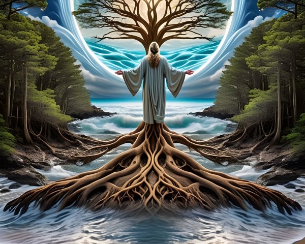 Surreal Landscape with Tree, Beach, and Cosmic Elements