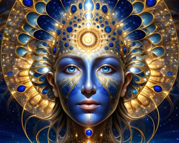 Ethereal figure with blue and gold patterns in cosmic scene