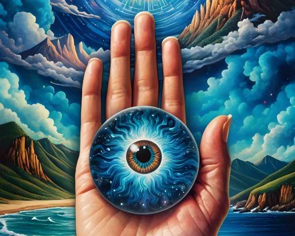 Surreal Digital Painting of Hand Holding Celestial Eye