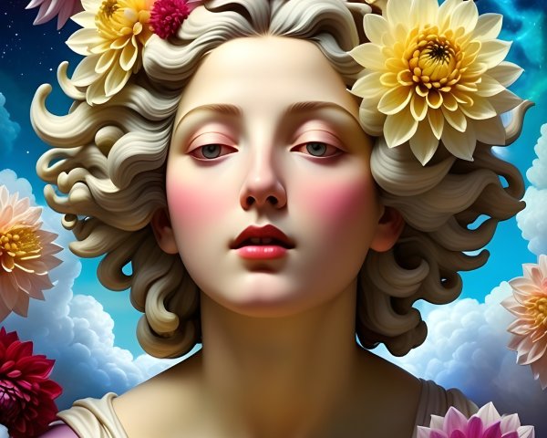 Young woman surrounded by colorful flowers and clouds