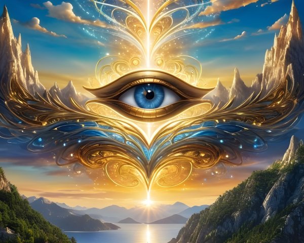 Mystical Scene with Radiant Eye and Majestic Mountains