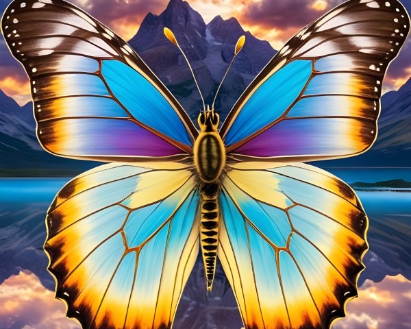 Butterfly with Colorful Wings Against Mountain Sunset