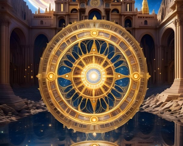 Golden Wheel Surrounded by Serene Reflective Pool