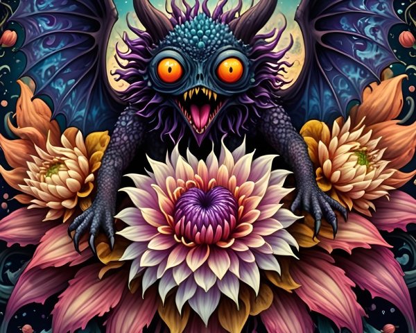 Fantastical creature with vibrant eyes and bat-like wings