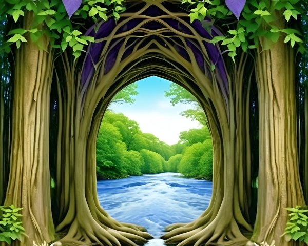 Mystical Forest with Intertwined Trees and River